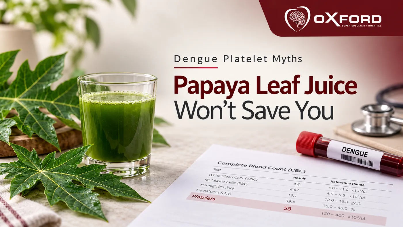 Papaya leaf juice beside a dengue blood sample and a CBC report showing a low platelet count